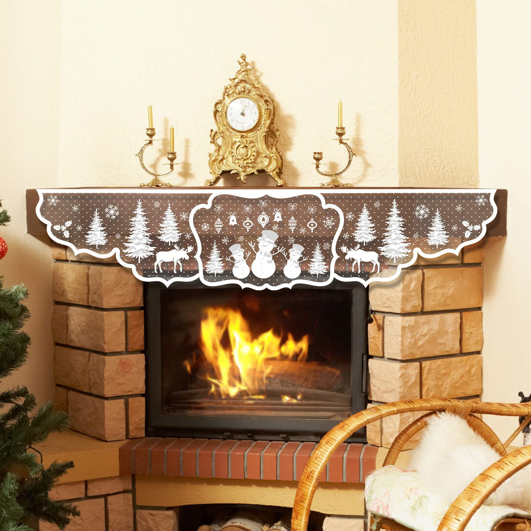 Christmas Fireplace Scarf 20 x 90 Inch Fireplace Cloth White Snowman Christmas Tree Decoration Lace Mantel Cover Runner for Christmas Holiday Home Living Room Decor