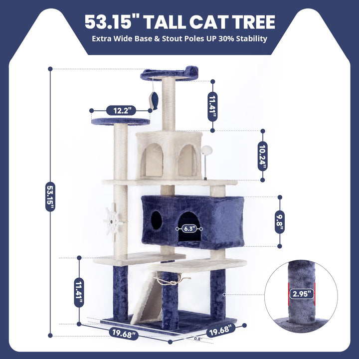 HYABi 53 Inch Ocean Theme Cat Tree Tower, Multi-Level Cat Furniture with Cozy Condo, Scratch Posts, Toy Ball, Luxury Apartment Playhouse for Indoor Cats