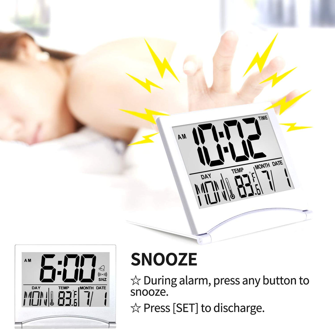 Digital Travel Alarm Clock - Foldable Calendar Temperature Timer LCD Clock with Snooze Mode - Large Number Display, Battery Operated - Compact Desk Clock(Silver, No Backlight)