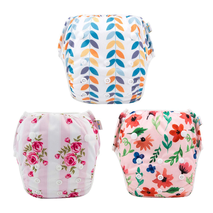 Babygoal Baby Girl Swim Diapers 3 Pack for 8M-3T Babies and Toddlers, Reusable Adjustable Washable for Swimming Lessons-Leaves,Flowers