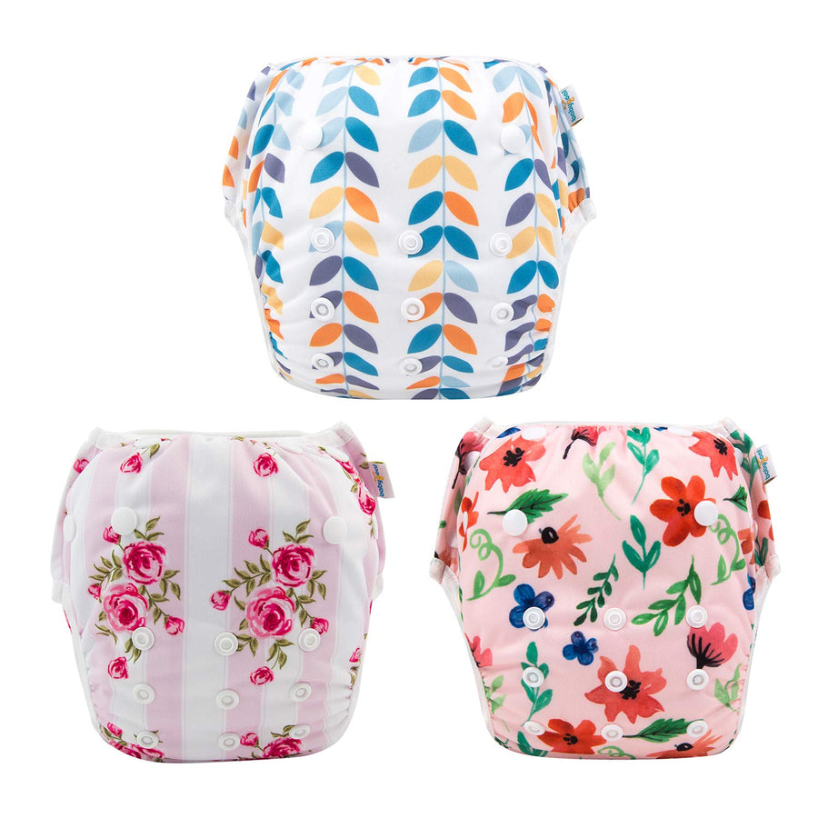 Babygoal Baby Girl Swim Diapers 3 Pack for 8M-3T Babies and Toddlers, Reusable Adjustable Washable for Swimming Lessons-Leaves,Flowers