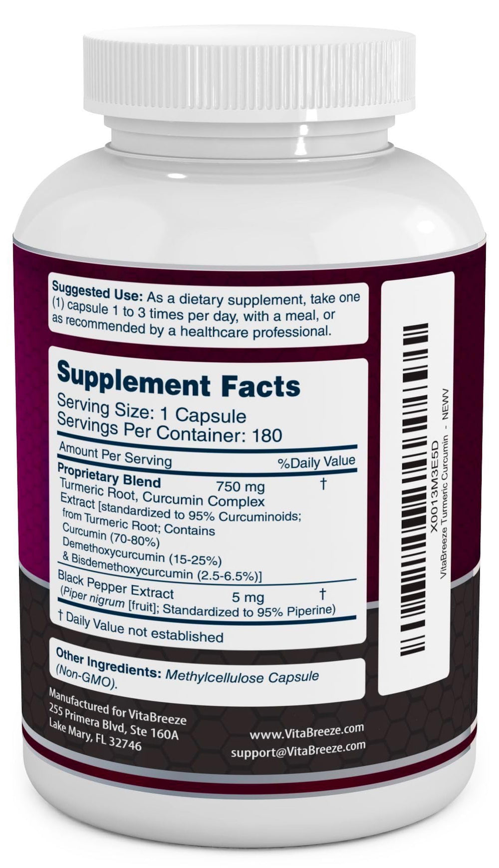 Turmeric Curcumin Complex with Black Pepper Extract - 755mg per Capsule, 180 Veg. Caps - Contains Piperine (for Superior Absorption and Tumeric Bio-Availability) and 95% Standardized Curcuminoids