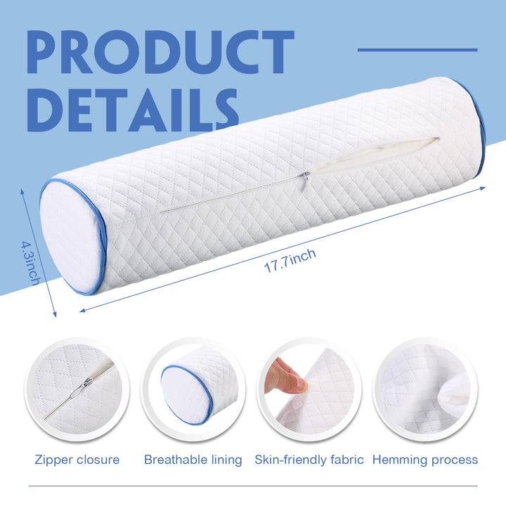 2 Pieces Cervical Neck Roll Pillow Memory Foam Round Cylinder Bolster Lumbar Pillow with Washable Cover Neck Pillows Support for Sleeping Travel Head Bed Back Legs Knees, 17.7 x 4.3 Inch (White)