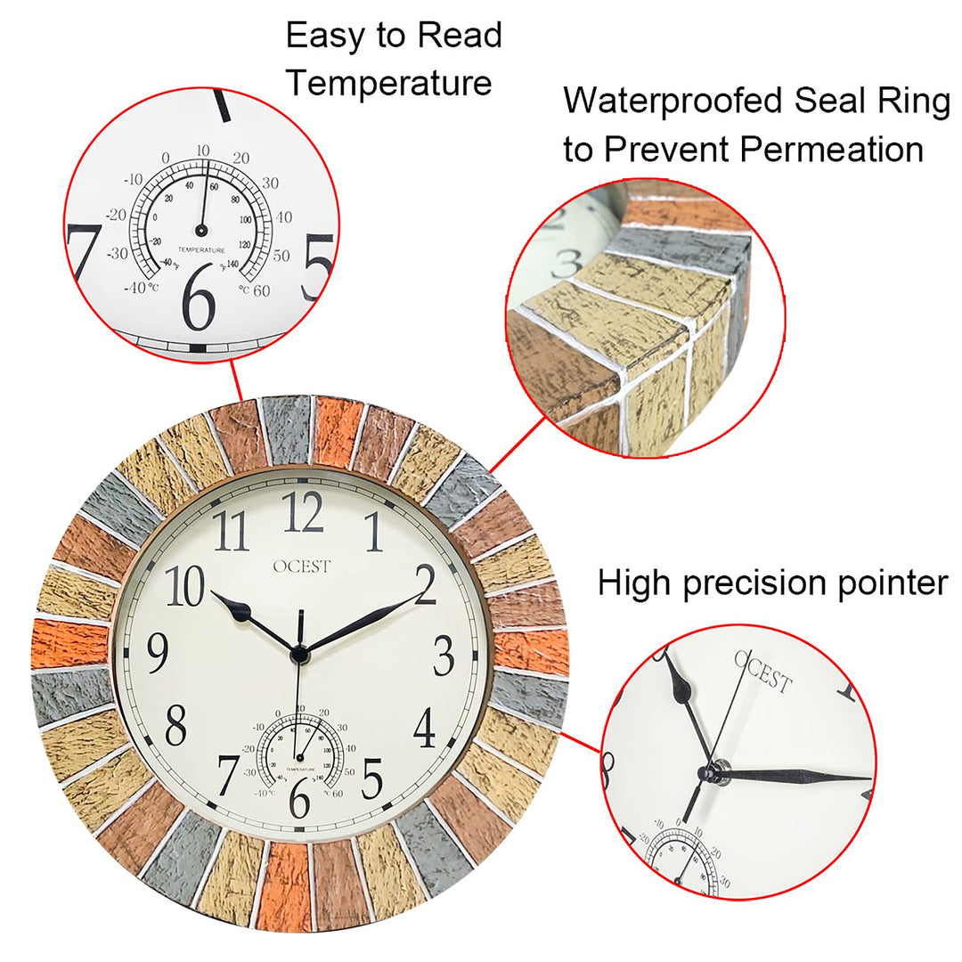 13 Inch Large Outdoor Indoor Clock, Waterproof Wall Clock with Thermometer, Weather-Resistant Non-Ticking Battery Operated Decor Clock for Patio, Pool, Lanai, Fence, Porch, Garden (Yellow)