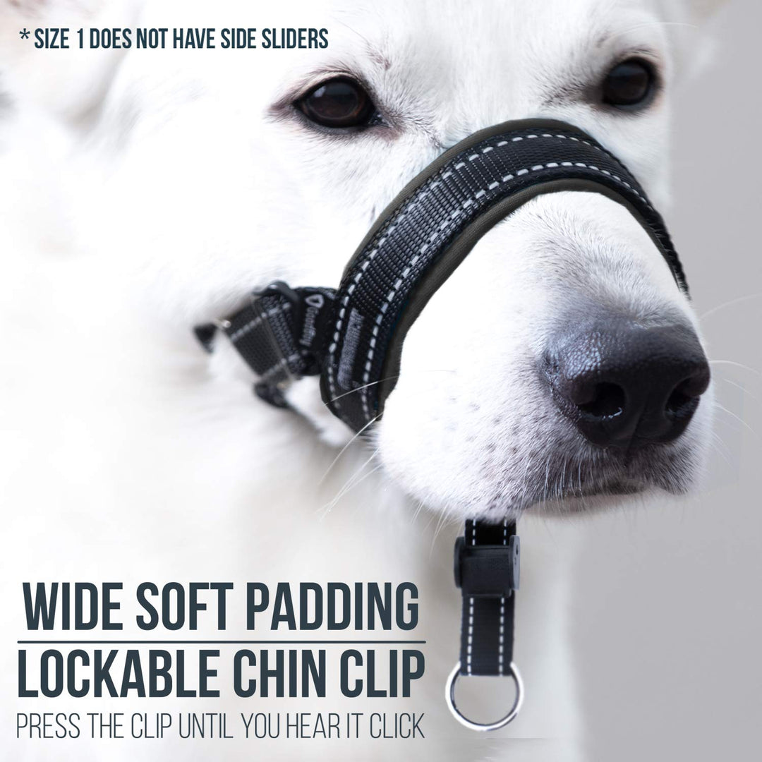 Dog Head Halter with Safety Strap - Stops Heavy Pulling On The Leash - Padded Headcollar for Small Medium and Large Dog Sizes - Head Collar Training Guide Included (Size 1, Black)