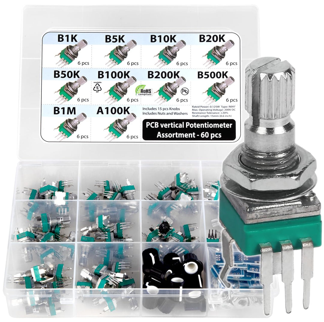 60 pcs Small 9mm onboard PCB Potentiometer Assortment 10 Values, B1K, B5K, B10K, B20K, B50K, B100K, B200K, B500K, B1M and A100K, Vertical Legs Terminal, 15mm axis, RV097 SMD