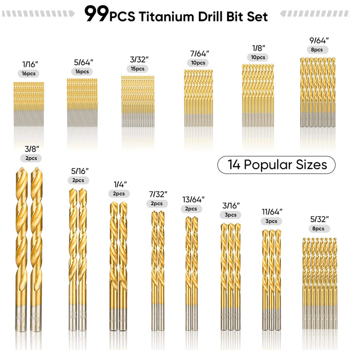 99PCS Titanium Coated Drill Bit Set, 135 Degree Tip HSS Bits Kit with Storage Case for Aluminum, Copper, Soft Alloy Steel, Wood, Plastic Size from 1/16 to 3/8