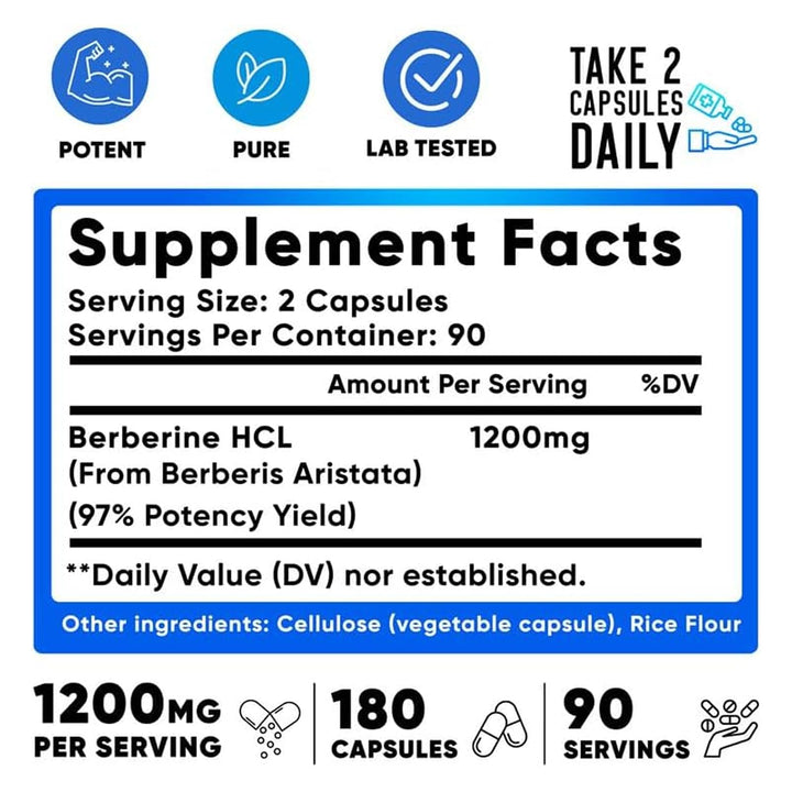 Berberine Supplement, Berberine 1200mg, Pure Max Strength Berberine HCL - 180 Vegetarian Capsules (Gluten Free and Non GMO) - 90 Servings of Berberine by WeLikeVitamins