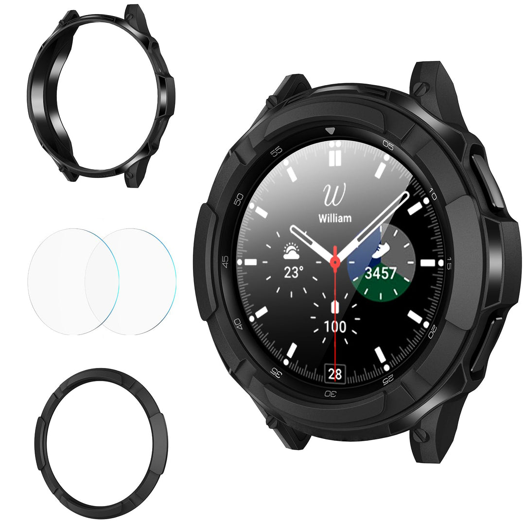 3 in 1 Accessories for Samsung Galaxy Watch 4 46mm, 1 Rugged TPU Armor Bumper Case +2 Tempered Glass Screen Protector Films + 1 Bezel Ring for Galaxy Watch 4 46mm