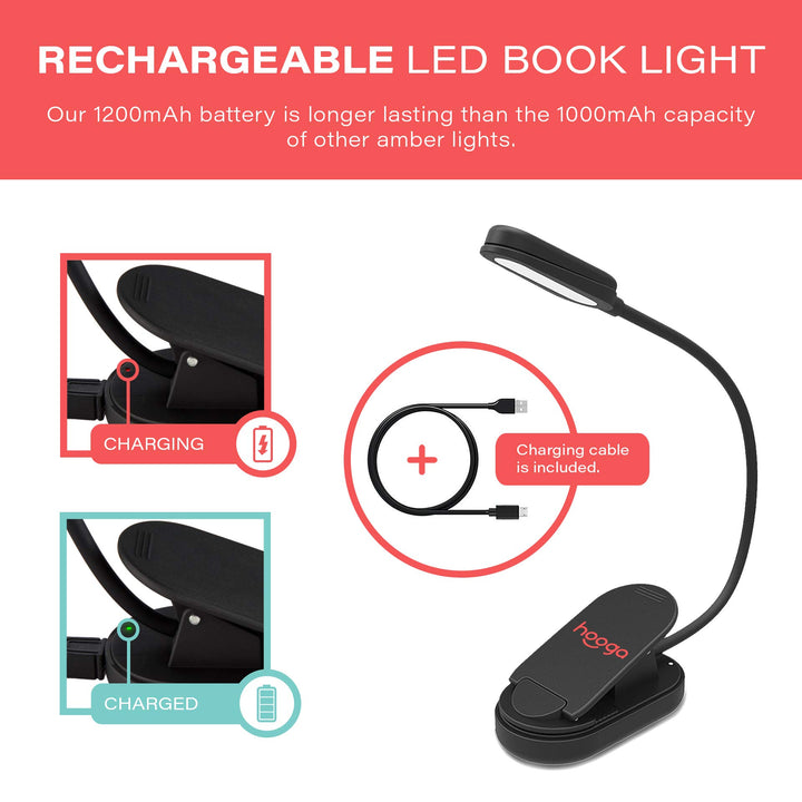 Book Light, Rechargeable Clip On Blue Blocking Amber LED Light for Reading in Bed. 1600K Color. Eye Care Light for Strain-Free, Healthy Eyes. Gift for Students, Kids, Travel, Nursing, Studying.