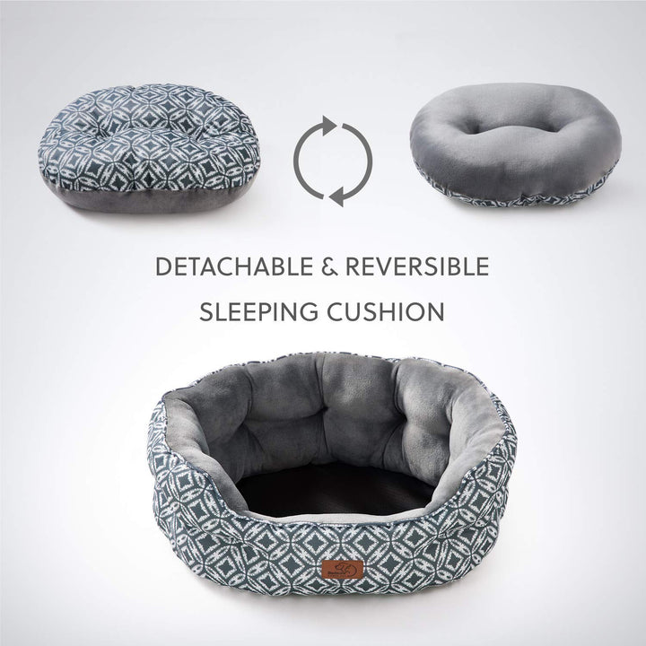 Small Dog Bed for Small Dogs, Indoor Cats, Round Super Soft Plush Flannel Washable Puppy Beds, Slip-Resistant Oxford Bottom, Coin Print Grey