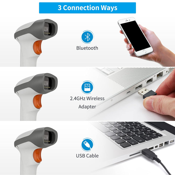 Bluetooth 2D Barcode Scanner, 3 in 1 Automatic Wireless QR Barcode Reader USB Image Code Scanner for Store, Warehouse POS, Computer, Tablet, iPad, iPhone, Android