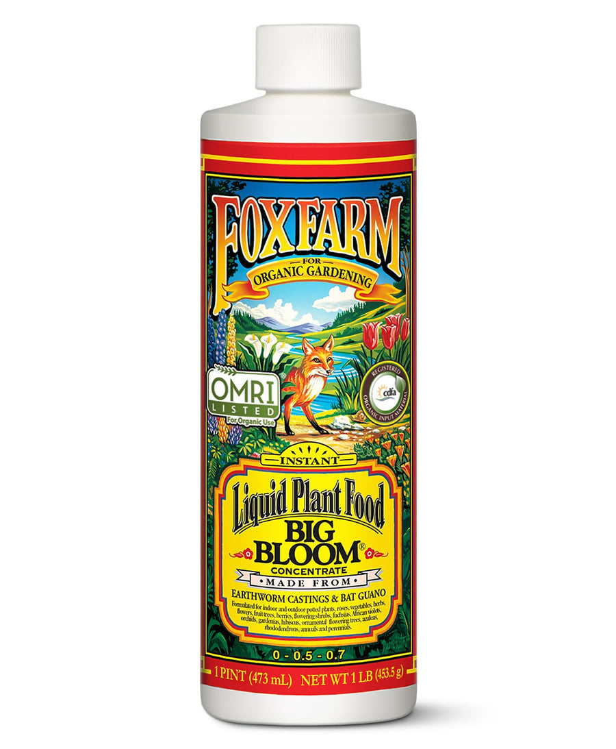 - Big Bloom Plant Food, Liquid Fertilizer Concentrate for Flowers, Fruits, and Vegetables, All Purpose Plant Fertilizer for Indoor & Outdoor Potted Plants, NPK 0.01-0.03-0.7 (Pint)
