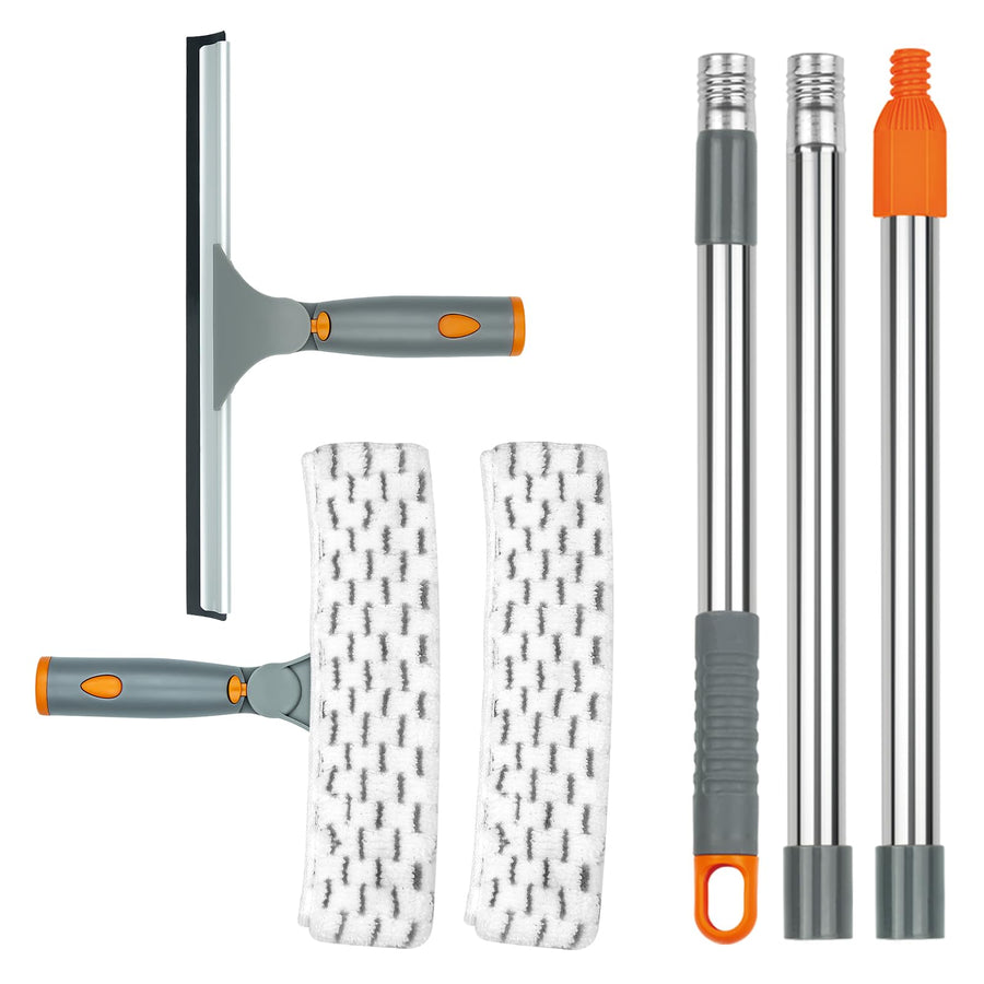 Squeegee for Window Cleaning, Long Handle Cleaner Tool with Extension Pole,11”Microfiber Cloth and 12”Wide Squeegee Cleaner Kit for Car,Shower Glass Door,High Windows