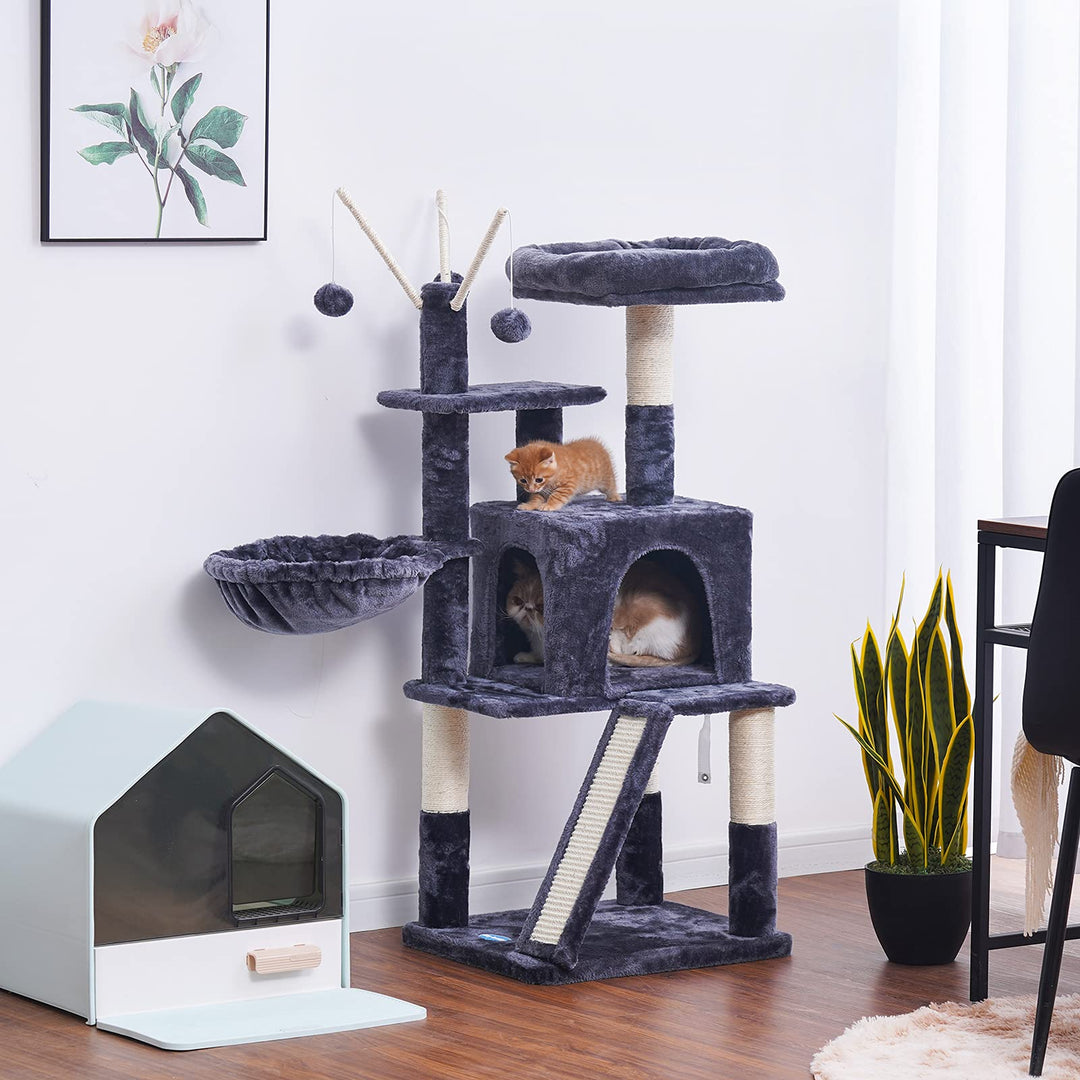 Cat Tree 46 inch Cat Condo with Sisal Scratching Posts,Multi-Level Cat Tower with Scratching Board,Basket,Removable Fur Ball Sticks,Smoky Grey MPJ015G