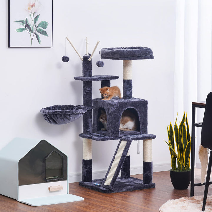 Cat Tree 46 inch Cat Condo with Sisal Scratching Posts,Multi-Level Cat Tower with Scratching Board,Basket,Removable Fur Ball Sticks,Smoky Grey MPJ015G