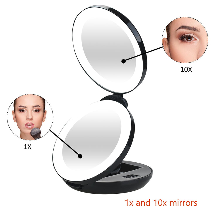 LED Lighted Travel Makeup Magnifying Mirror,Magnifies 10x and 1x, Luxury Double Side and Folding Pocket Vanity/Cosmetic Mirror (Black)