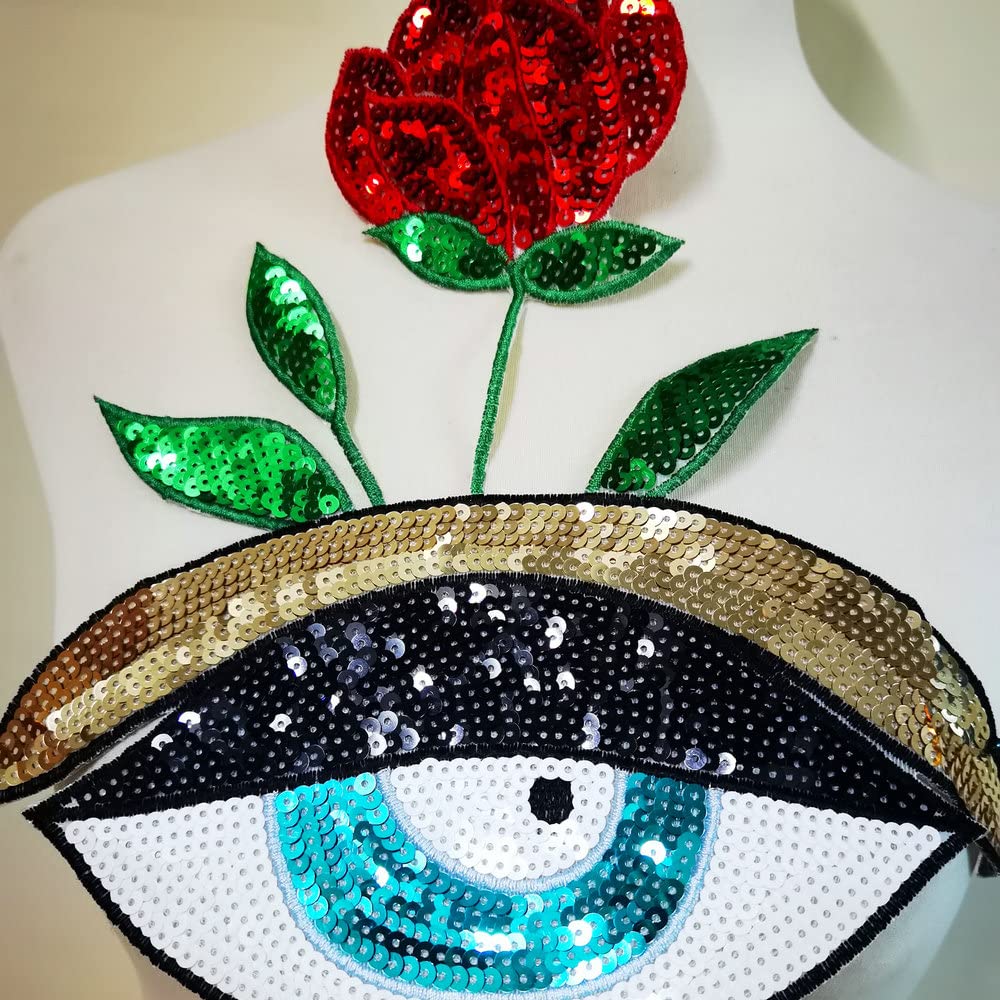 5pcs Large Sequin Heart Evil Eyes Patch No Glue Cartoon Motif Applique Embroidery Garment Accessory (Blue A)