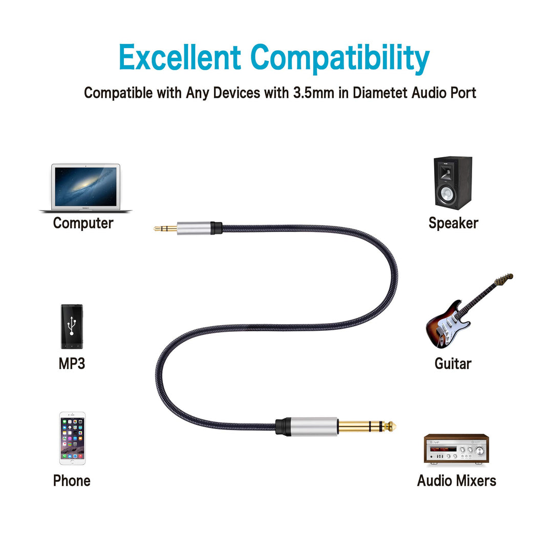 3.5 mm to 6.35 mm Audio Cable 12Ft, Gold-Plated Terminal Silver Color Zinc Alloy Housing 3.5mm 1/8 Male TRS to 6.35mm 1/4 Male TRS Nylon Braided Stereo Audio Cable for Cellphone, Amplifiers(12Ft/4M)