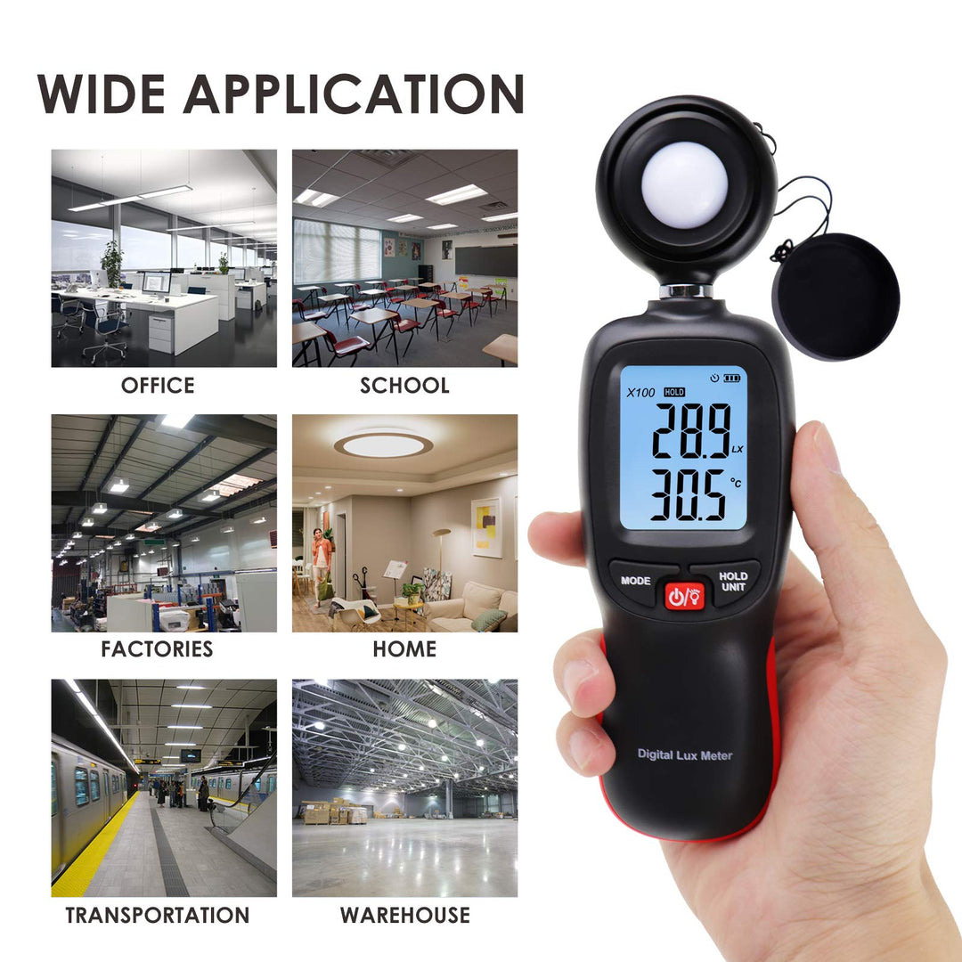 Lux Meter with Data Record, Digital Light Meter Illuminance Meter, Backlight Lux Temperature Meter 0~200,000 Measurement Range Lux/FC Unit MAX/MIN/Hold Function