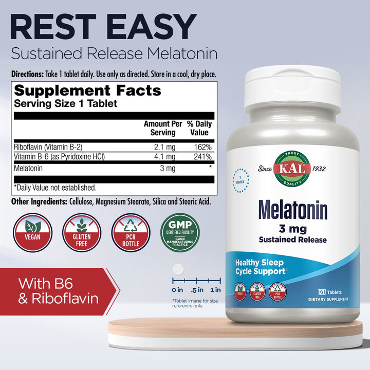Melatonin 3mg Sustained Release Sleep Aid, Melatonin Supplement Supports Healthy Relaxation, a Calm Feeling and a Proper Sleep Cycle, w/Added Vitamin B6, Vegan, Gluten Free, 120 Serv, 120 Tablets