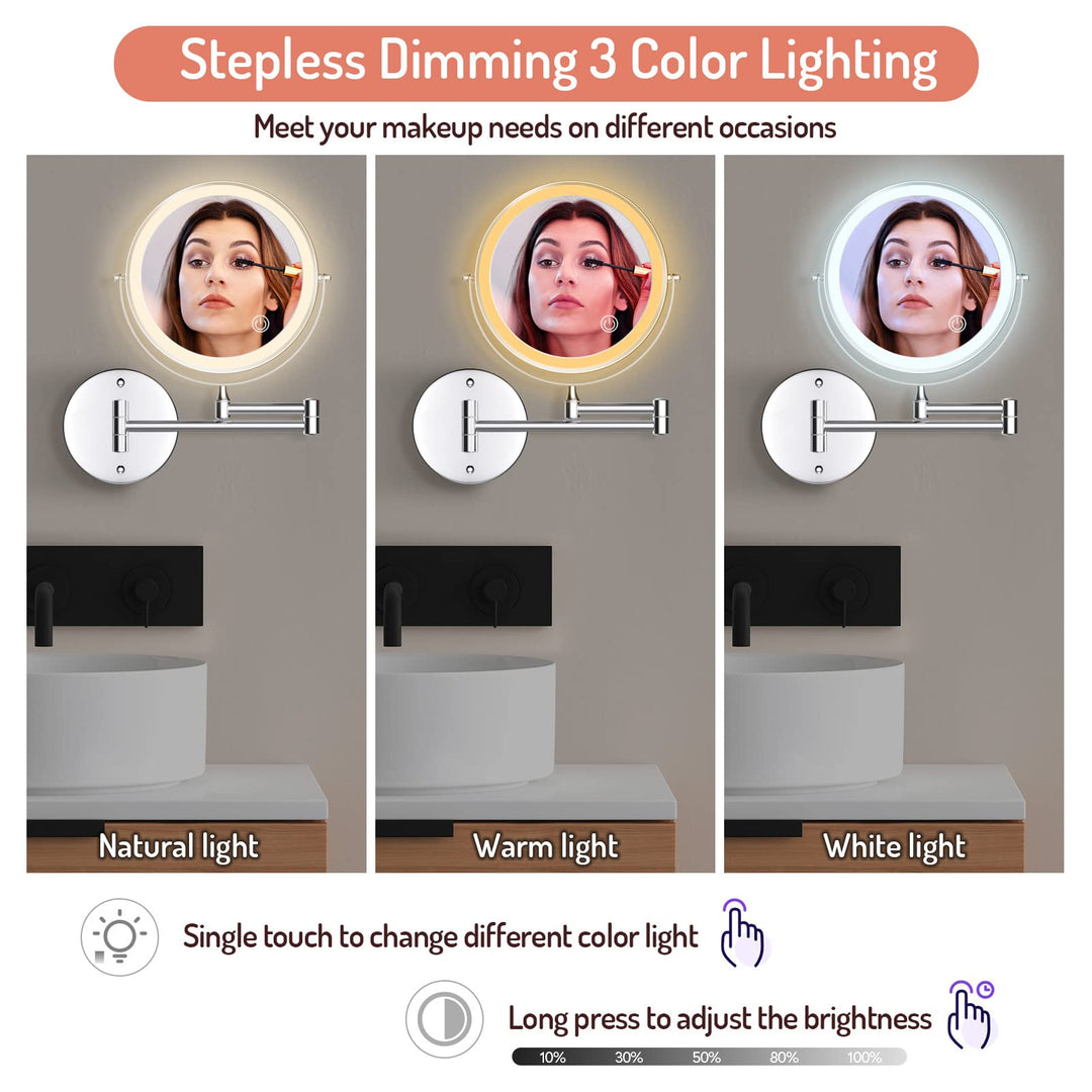 Rechargeable Wall Mounted Lighted Makeup Mirror Chrome, 8 Inch Double-Sided LED Vanity Mirror 1X/10X Magnification,3 Color Lights Touch Screen Dimmable 360°Swivel 13 Inch Extendable