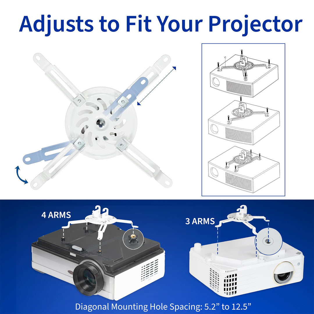 Universal Adjustable Ceiling Projector Mount for Regular and Mini Projectors with Extending Arms, White, MOUNT-VP01W