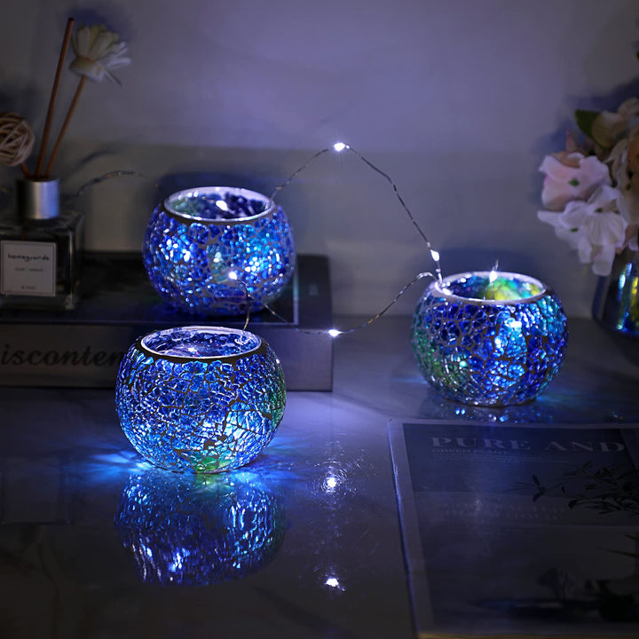 Set of 3 Blue Mosaic Glass Tea Light Holders Round Bowl Votive Candle Holders Pillar Candle Stands, Glass Mosaic Tealight Holders Potted Plant Bowl Vase Candle Centerpiece for Table Wedding