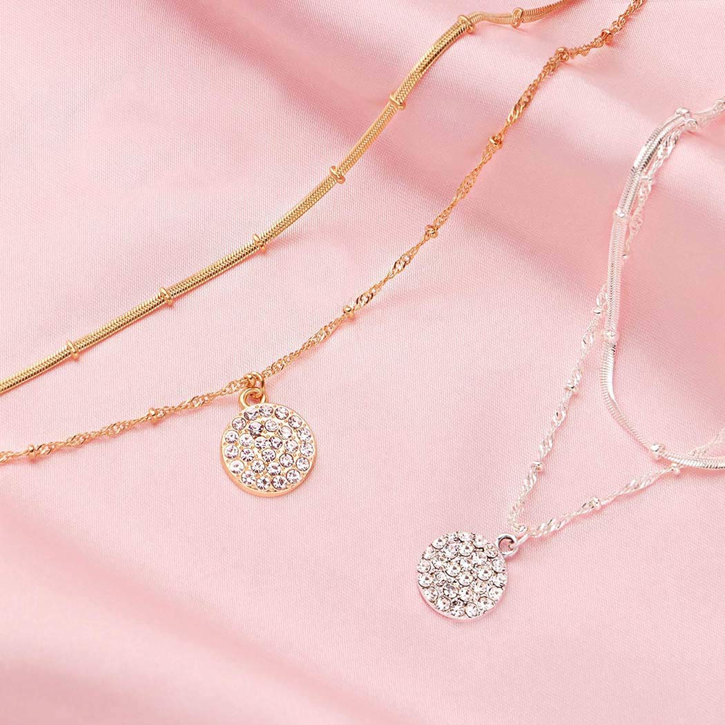 Boho Layered Crystal Pendant Necklace Gold Sparkling Beaded Necklaces Chain Coin Choker Rhinestone Neceklace Jewelry for Women and Girls
