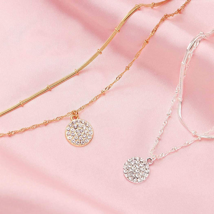 Boho Layered Crystal Pendant Necklace Gold Sparkling Beaded Necklaces Chain Coin Choker Rhinestone Neceklace Jewelry for Women and Girls