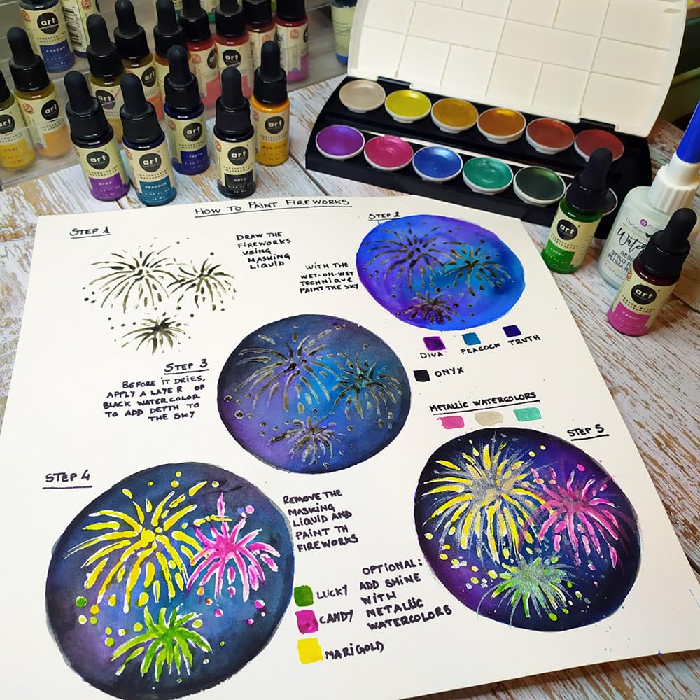 Prima Marketing Art Philosophy Metallic Accents Semi-Watercolor Paint -12 Cakes & Brush 655350592974 Metallic Accent Watercolors