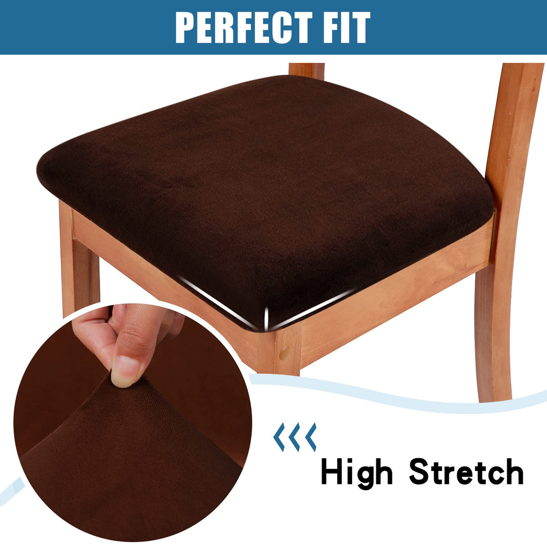 Velvet Seat Covers for Dining Room Chair Set of 6, Stretch Fit Removable Washable Chair Seat Cushion Protector Slipcovers with Ties, Coffee