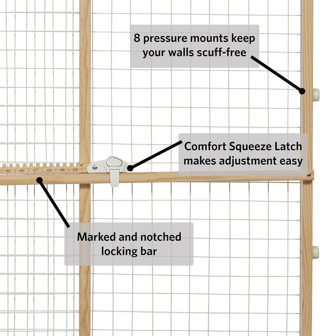 Wire Mesh Pet Safety Gate, Pressure Mounted Dog Gate Measures 44 Inches Tall & Expands to 29-50 Inches Wide, Natural Wood & White Powder Coated Wire Mesh