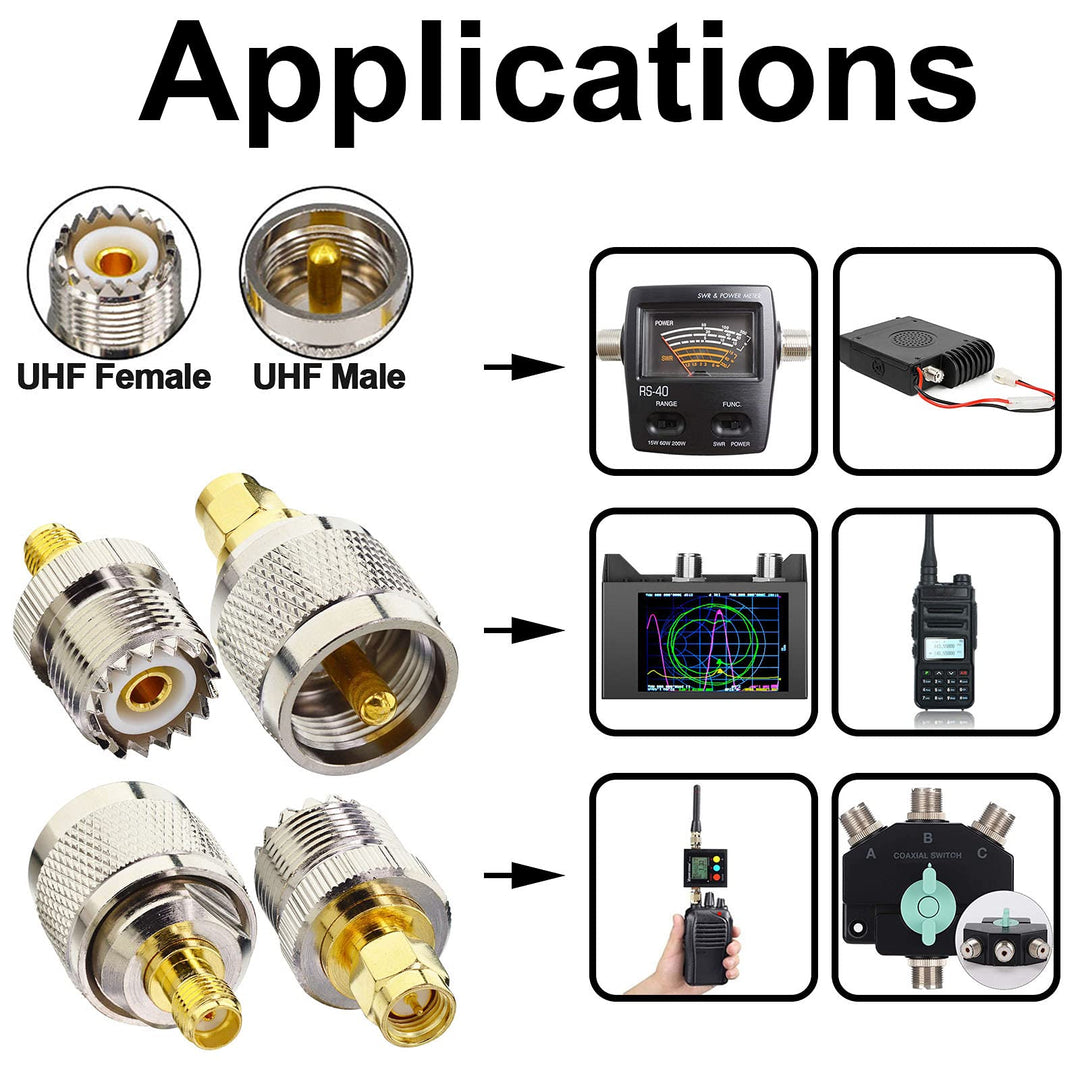 SMA to UHF RF Coaxial Extension Converter CB Connector kit SMA PL259 SO239 VHF Crimp Coax Adapter for Ham Radio Antenna Walkie Talkie Radio Pack of 4