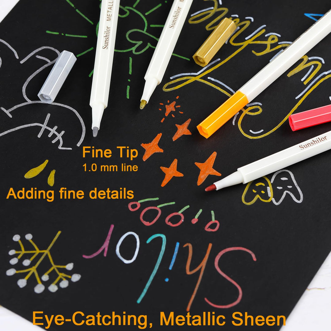 Metallic Markers Fine Point Metallic Marker Pens for Black Paper, Rock Painting, Easter Egg, Halloween Pumpkin, Card Making, Metal, Ceramic, Wine Glass, Set of 12