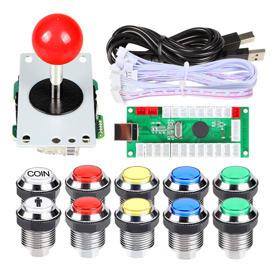 Arcade DIY Kit USB Encoder To PC Joystick + 8 Ways 5 Pin Stick + Chrome Plated LED Illuminated Push Button 1 Player & Coin Buttons For Arcade Mame Raspberry Pi 2 3 3B Games