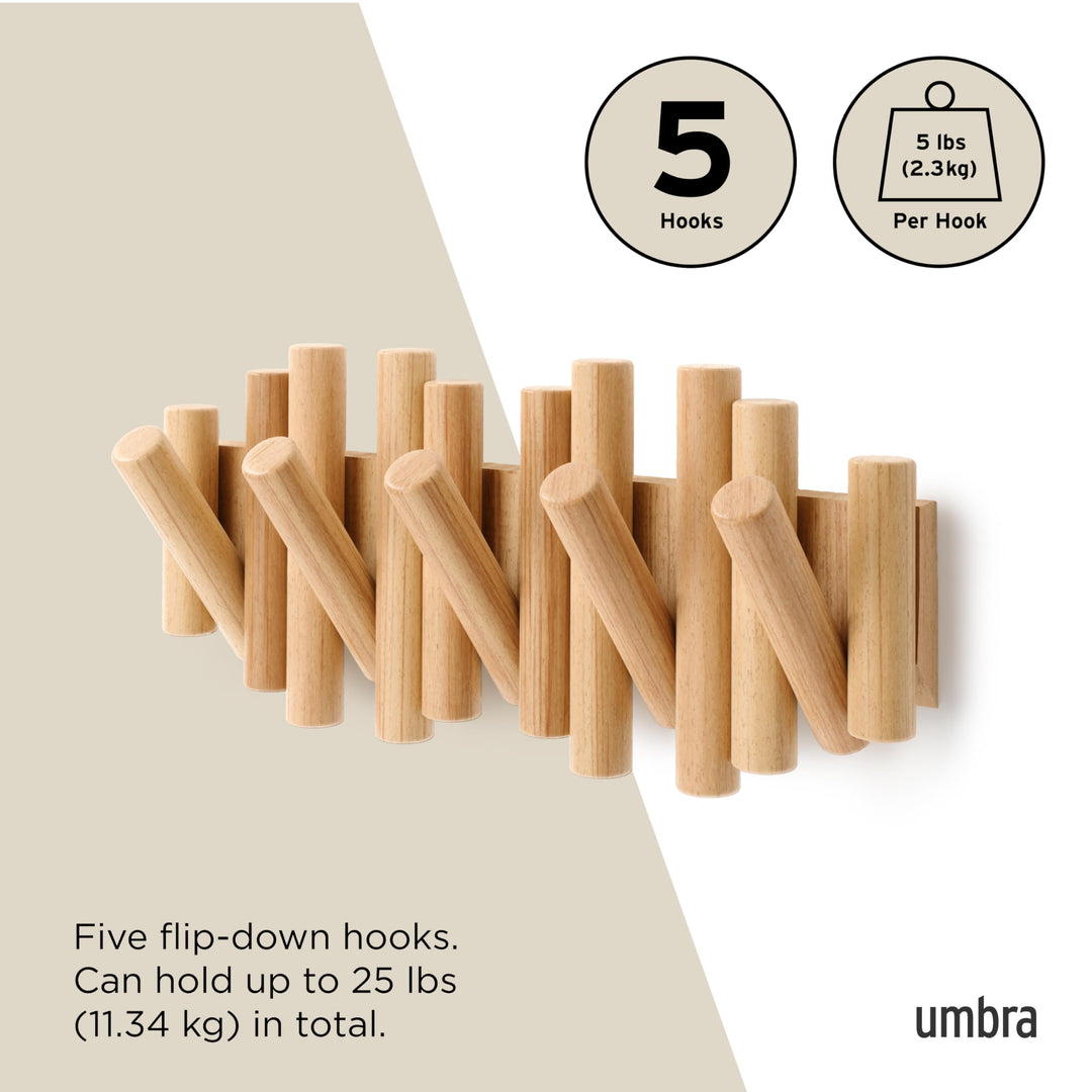 Picket Wall-Mounted Coat Rack Rail Hook with 5 Retractable Wood Pegs – Modern, Space-Saving Storage Organizer, Natural