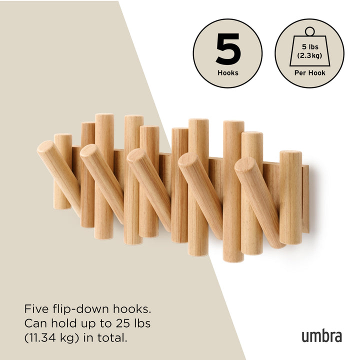 Picket Wall-Mounted Coat Rack Rail Hook with 5 Retractable Wood Pegs – Modern, Space-Saving Storage Organizer, Natural