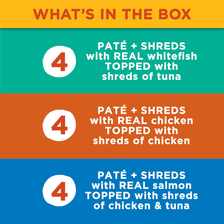 Paté & Shreds Wet Cat Food Variety Pack, Seafood & Poultry Favorites, 2.75 Ounce Cup (Pack of 12)