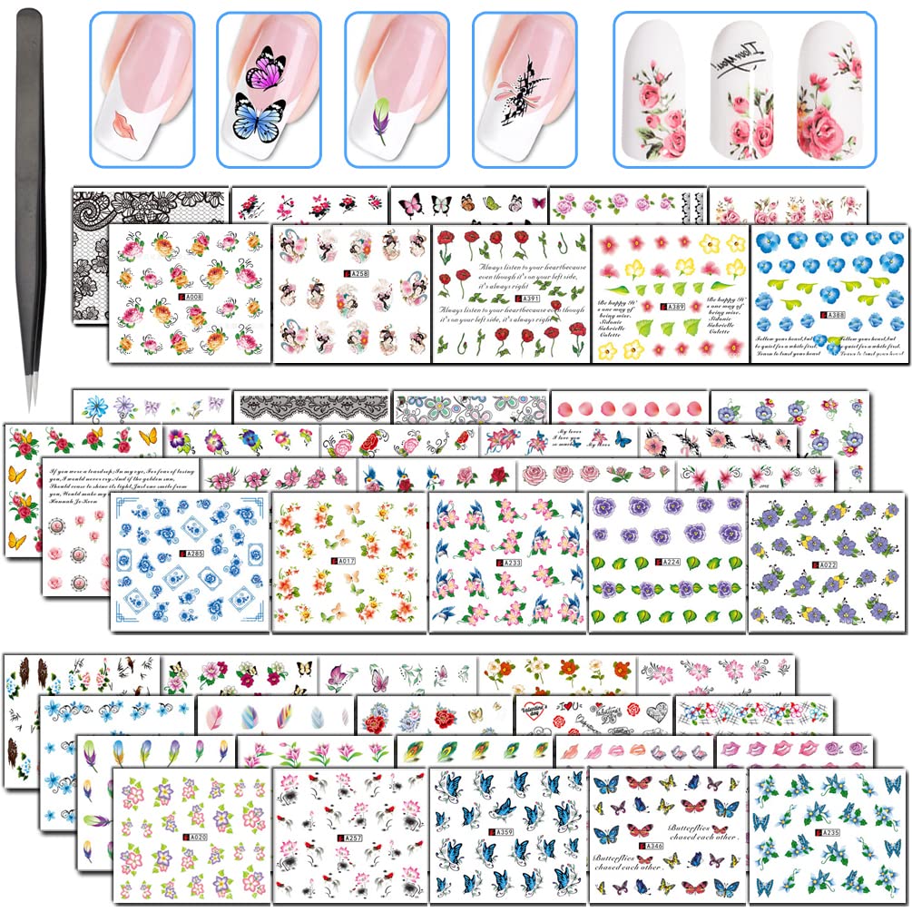 50 Pcs Different Styles Pattern DIY Nail Art Stickers Transfer Watermark Nail Stickers with Tweezers