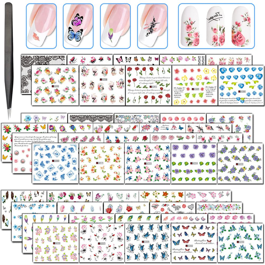 50 Pcs Different Styles Pattern DIY Nail Art Stickers Transfer Watermark Nail Stickers with Tweezers