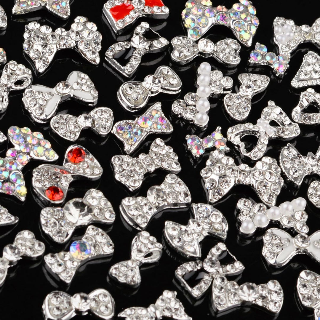 Charms Metal Alloy Silver Gold 3D Nail Art Bow Crown Elk Butterfly Rhinestone Crystal Diamonds Nail Studs Manicure Jewelry for Crafts DIY Nail Art Tip (Bow)