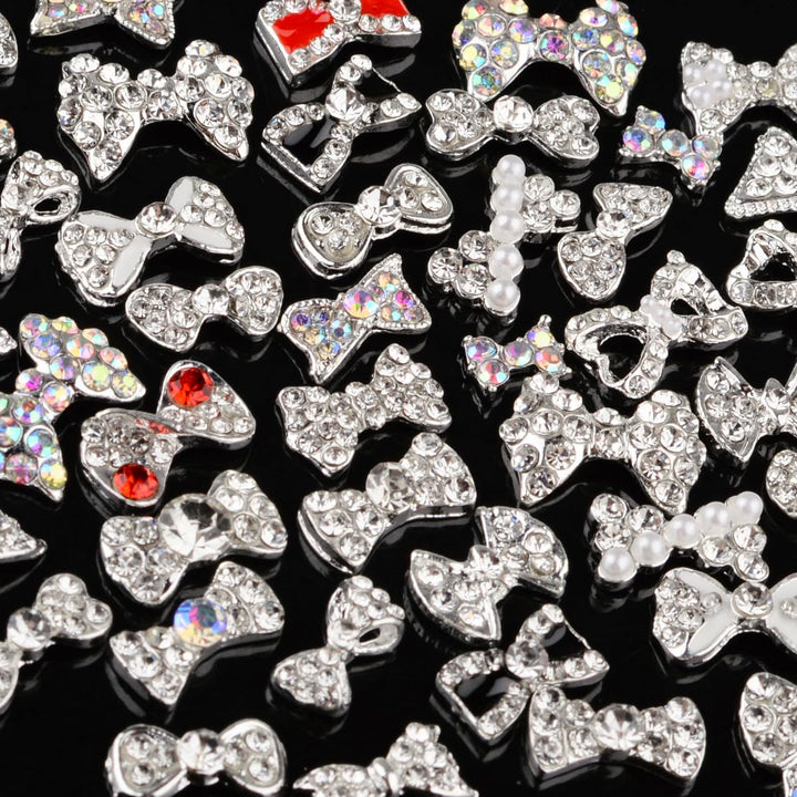 Charms Metal Alloy Silver Gold 3D Nail Art Bow Crown Elk Butterfly Rhinestone Crystal Diamonds Nail Studs Manicure Jewelry for Crafts DIY Nail Art Tip (Bow)