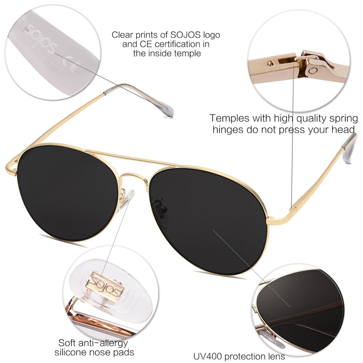 Classic Aviator Sunglasses for Women Men Metal Frame Spring Hinges SJ1030, Gold/Grey