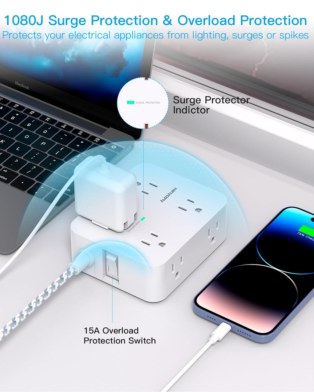 Surge Protector Power Strip - 8 Outlets 4 USB (2 USB C) Charging Ports, Multi Plug Outlet Extender, 5Ft Braided Extension Cord, Flat Plug Wall Mount Desk Charging Station for Home Office ETL