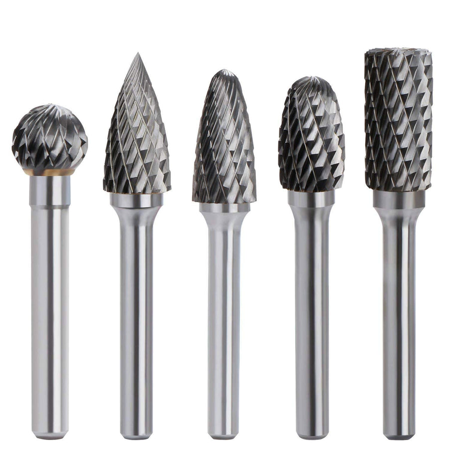 5PCS Double Cut Carbide Rotary Burrs Set - 1/4 Inch Shank 2/5 Inch Head Die Grinder Bits Solid Carbide Rotary Burr File Set for Die Grinder Drill, Metal Carving,Polishing,Engraving,Drilling