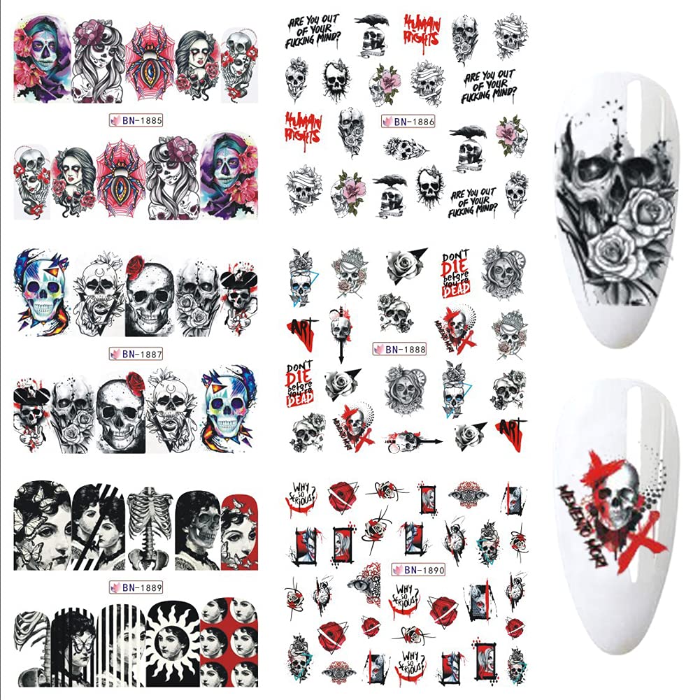 Halloween Nail Stickers Day of The Dead Nail Art Water Decals Transfer Foils for Nails Supply Watermark Skull Nail Art Decals Nail Tattoo for Halloween Party Nail Supplies Manicure Decorations 12PCS