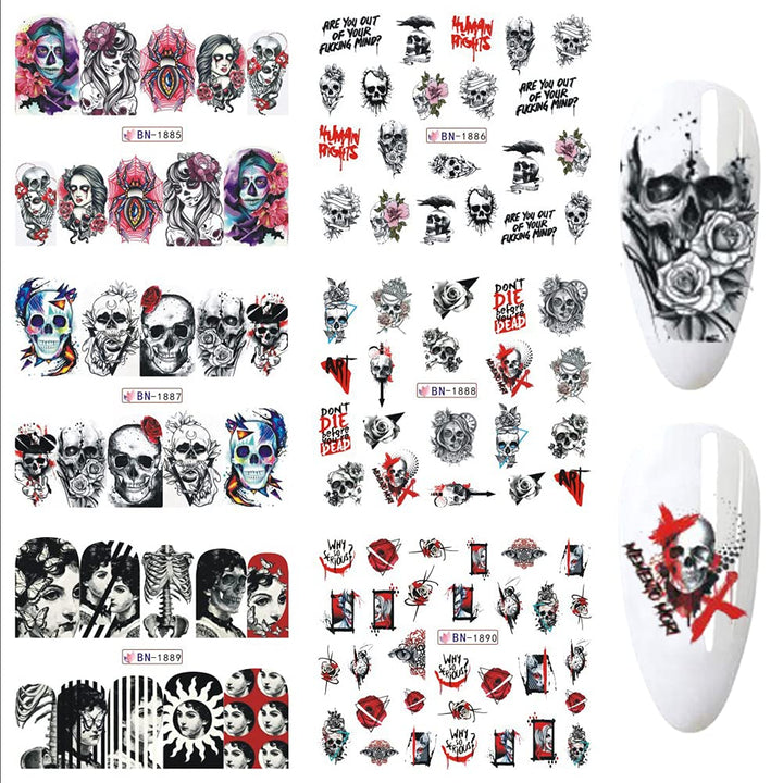 Halloween Nail Stickers Day of The Dead Nail Art Water Decals Transfer Foils for Nails Supply Watermark Skull Nail Art Decals Nail Tattoo for Halloween Party Nail Supplies Manicure Decorations 12PCS