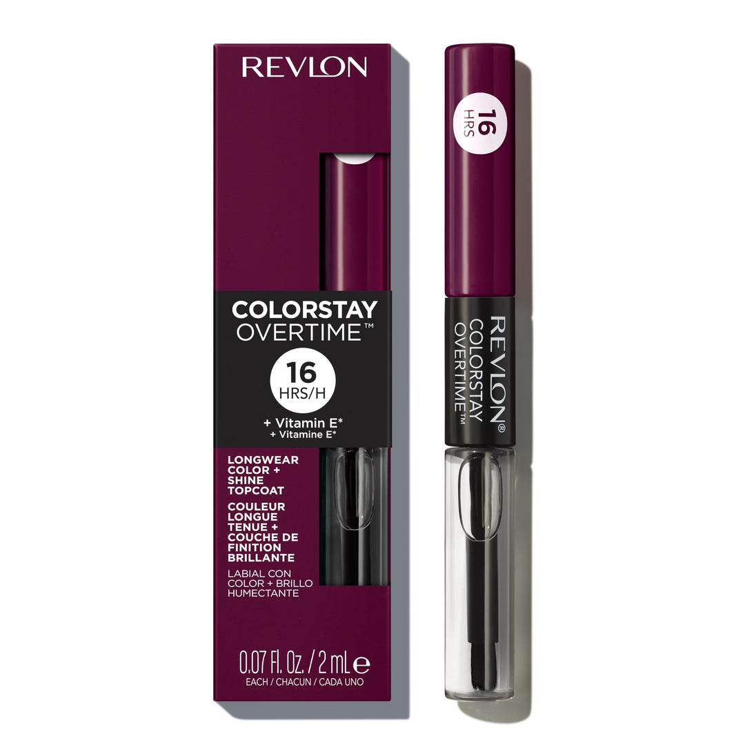 Revlon Colorstay overtime lipcolor, Longwearing Liquid Lipstick with clear lip Gloss, with Vitamin E, In Plum, 500 Limitess Black Cherry, 0.8 Oz