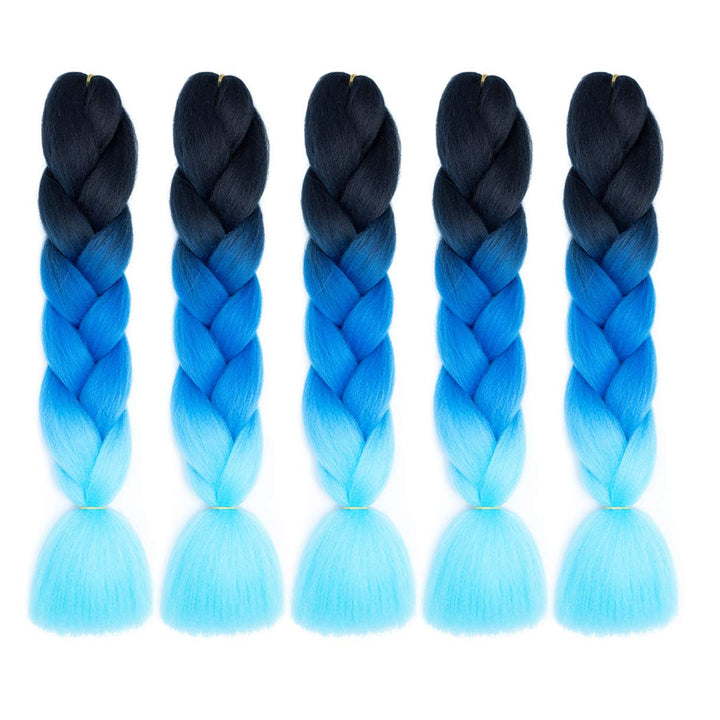 Jumbo Braiding Hair 5PCS/Lot Ombre Kanekalon Pre Stretched Braiding Hair Extensions High Temperature Synthetic Burgundy Blonde Kids Hair 24 Inch Hair for Braiding (black-blue-azure)